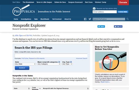 Propublica nonprofit explorer. Nonprofit Explorer includes summary data for nonprofit tax returns and full Form 990 documents, in both PDF and digital formats. The summary data contains information processed by the IRS during the 2012-2019 calendar years; this generally consists of filings for the 2011-2018 fiscal years, but may include older records. 