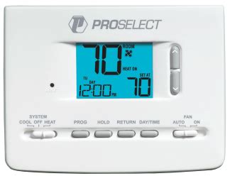 Proselect thermostat manual pdf. Setting First Stage Differential The default setting is 0.5˚ F (0.25˚ C). The room temperature must change .5˚ F (0.25˚ C) from the set point temperature before the thermostat will initiate the system in heating or cooling. 1. In normal operating mode, press and hold the and buttons at the same time for 3 seconds. 