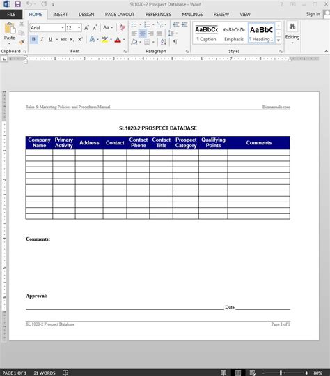 Prospect Sheet Template Database