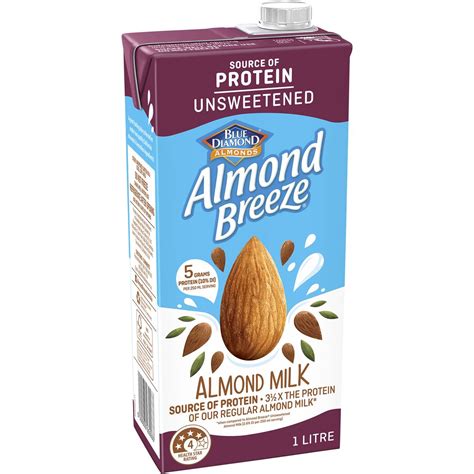 Protein almond milk. A cup of unsweetened almond milk may contain as little as 30 calories. Almond milk is naturally not high in protein. But you can get almond milk with added protein if you want to make your protein shake more filling! Recommended: Orgain Organic Almond Milk. This almond milk is unsweetened with 10 grams of protein per serving. 