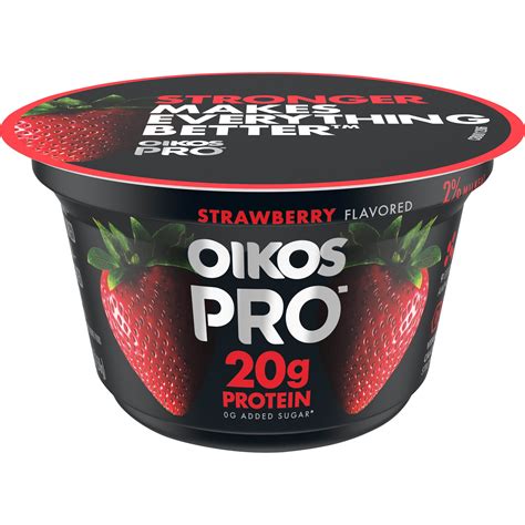 Protein yogurt oikos. Go pro with Oikos Pro Strawberry Yogurt-Cultured Ultra-Filtered Milk. It’s got 20g of protein per 5.3oz cup to help build muscle. Oikos Pro contains 9 essential amino acids, in addition to vitamin d and calcium for strong bones. Plus, there’s 0g of added sugar* per serving, and no artificial flavors or colors from artificial sources. 