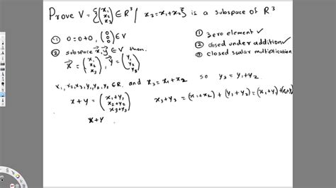 subspace of V if and only if W is closed under addition and closed under scalar multiplication. Examples of Subspaces 1. A plane through the origin of R 3forms a subspace of R . This is evident geometrically as follows: Let W be any plane through the origin and let u and v be any vectors in W other than the zero vector. .