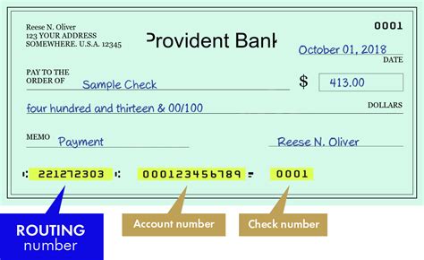 Provident bank routing number. The banking institution's routing number: Bank: THE PROVIDENT BANK Commonly used abbreviated customer name: Office Code: O - Main Office: Servicing FRB Number: 021001208 Servicing Fed's main office routing number: Record Type Code: 1. The code indicating the ABA number to be used to route or send ACH items to the RFI. 