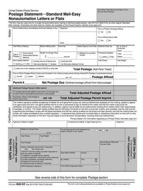 Ps form 3602-ez. PS Form 3602-EZ is a simplified postage statement designed specifically for small business mailers who are mailing USPS Marketing Mail letters, and flats. To download a print-only version of PS Form 3602-EZ, click on "Postage Statements" in the left frame of Postal Explorer. If you are a nonprofit mailer, use PS Form 3602-NZ (a form ... 