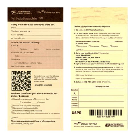 Ps form 3849. If we missed you when we tried to deliver your mail, you can schedule a Redelivery online using a tracking number or the barcode number shown on the back of your PS Form 3849, We ReDeliver for You! Redeliveries can be scheduled online 24 hours a day, 7 days a week. For same-day Redelivery, make sure your request is submitted by 2 AM CST Monday ... 