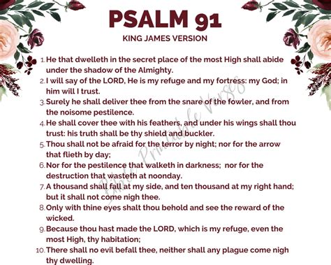 Psalm 91 king james version bible. Psalms Chapter 91. 1 He that dwelleth in the secret place of the most High shall abide under the shadow of the Almighty. 2 I will say of the LORD, He is my refuge and my fortress: my God; in him will I trust. Psalms 91:1 - 91:2 from the King James Bible Online. 