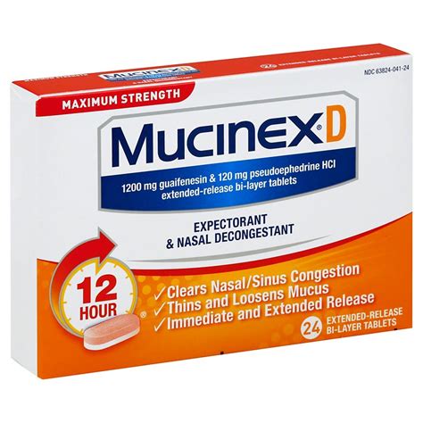 Jan 1, 2024 · Mucinex D guaifenesin 600 mg / pseudoephedrine hydrochloride 60 mg (Mucinex 600) View all images Drugs.com Mobile Apps The easiest way to lookup drug information, identify pills, check interactions and set up your own personal medication records. 
