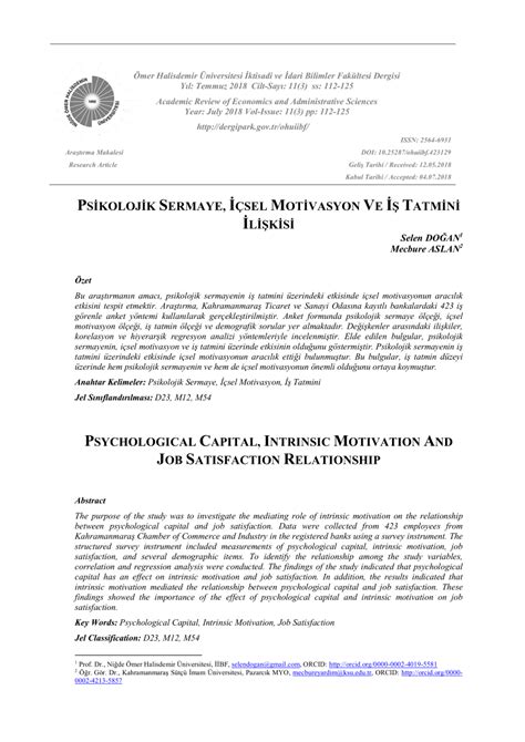 Psikolojik Sermaye, İçsel Motivasyon ve İş Tatmini İlişkisi.