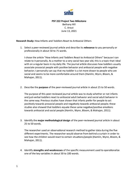 VIEW FULL DOCUMENT. 1 Project Two Milestone Erika Garcia Southern New Hampshire University PSY 222: Research Methods in Psychology Michele Mortensen October 7, 2023. 2 Project Two Milestone Research Study: Anti-Equality: Social Comparison in Young Children 1. Select a peer-reviewed journal article and describe its ….