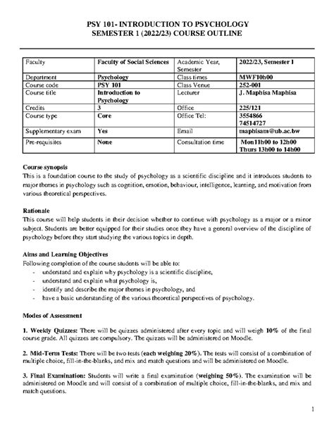 Psychology 101 Course Outline