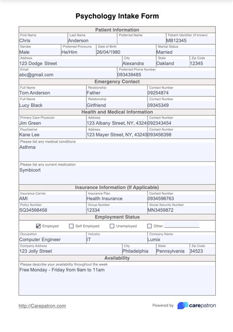 Psychology Intake Form & Template Free PDF Download