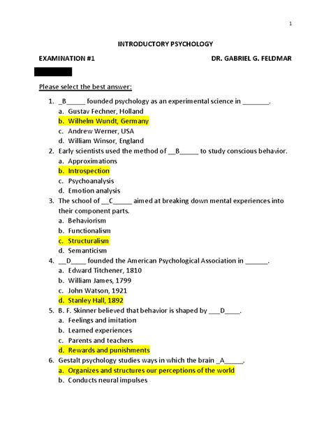 Psychology Test Answers