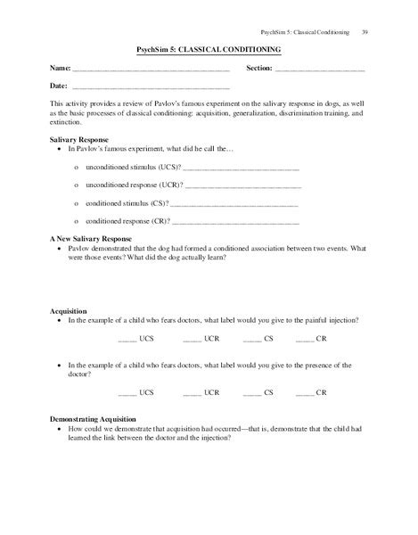 Psychsim 5 Classical Conditioning Worksheet Answers Pdf