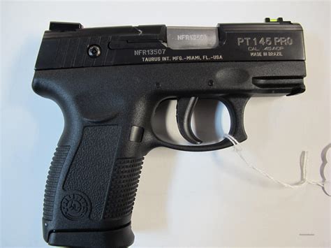 Pt145 millennium. PT145.45 ACP caliber. As of 2013, the PT145 has been discontinued. Pro. Models 145BP (blued slide), 145SSP (stainless slide). single-action/double-action trigger, compact frame, Heinie sights with 'Straight-8' rear. 