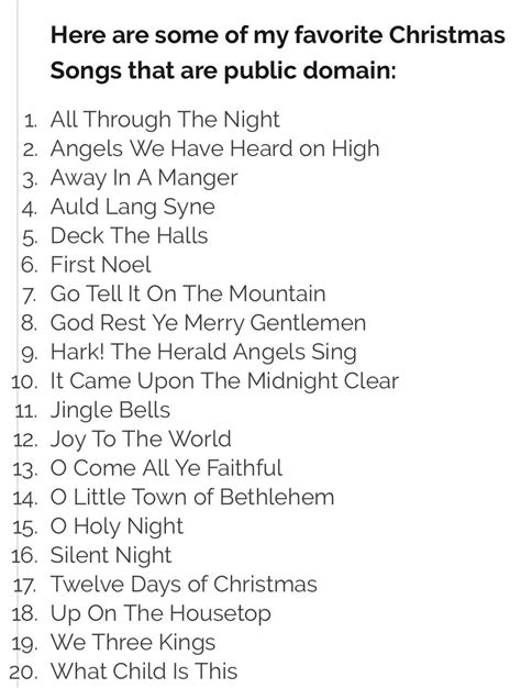 Public domain christmas songs. Since the holiday season is upon us. I thought this list from CdBaby might be helpful. For those who don’t write their own - here’s a list of public domain Christmas songs that anyone is free to cover. So here’s your chance to show off your real band and BIAB chops even if you don’t write originals. Angels We Have Heard On High Auld ... 