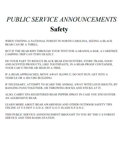 MPLE PUBLIC SERVICE ANNOUNCEMENTS Public service announcements may be recorded for radio or television or they may be written for print media, including newspapers, newsletters, or bulletins. If you plan to record a PSA for radio or television ask a local celebrity to do the recording for you. This. 