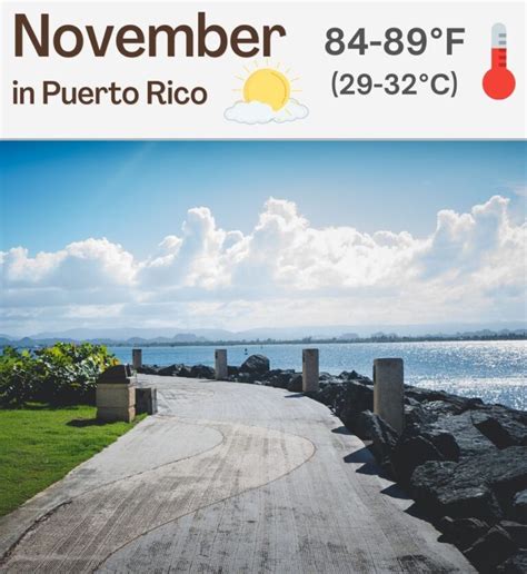 Puerto rico in november. In november, maximum temperature is 85°F and minimum temperature is 79°F (for an average temperature of 83°F). The climate is very warm here in the month of november. With 6.8in over 10 days, rainfall can happen during your vacations. But this is rather moderate and it will not be continuous. 