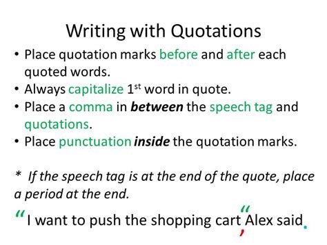 Punctuation after quotes. Here’s a quick rundown of correct or common usage: Titles of books, magazines, films, television shows, and albums should be italicized. Titles of chapters, articles, episodes, and songs should be in quotation marks. Quotes, including song lyrics or quoted notes and messages, should be in quotation marks, but if they exceed a few … 