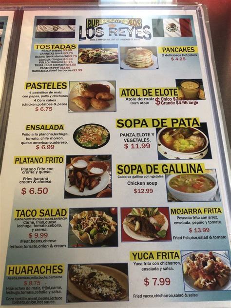 The actual menu of the Tacos Y Pupusas restaurant. Prices and 