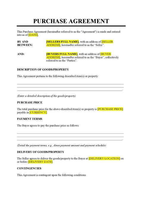 Purchase agreement in Word and Pdf formats