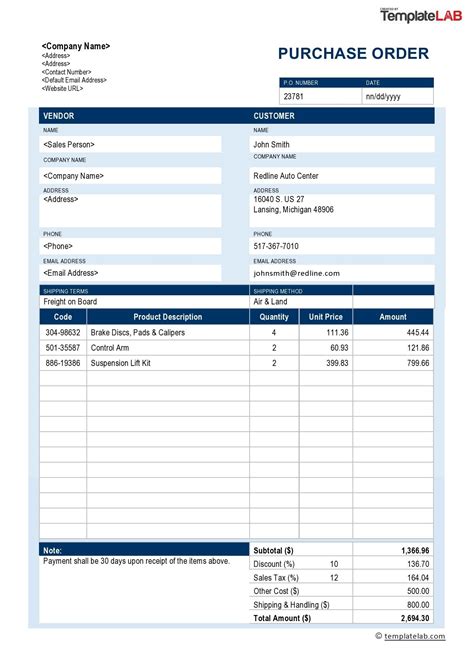 Purchase order template form in Word and Pdf formats
