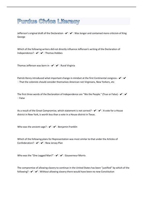 Purdue Civics Literacy 86 Practice Test with answers Purdue Civics