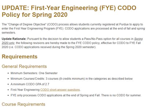 Purdue codo requirements. Major Change (CODO) Requirements. Students will need to meet the criteria below to be eligible for this major. A student’s catalog term, typically the semester you started at Purdue, will be used to determine the Major Change criteria that applies to you. Students can find their catalog term at the top of their MyPurduePlan below the degree ... 