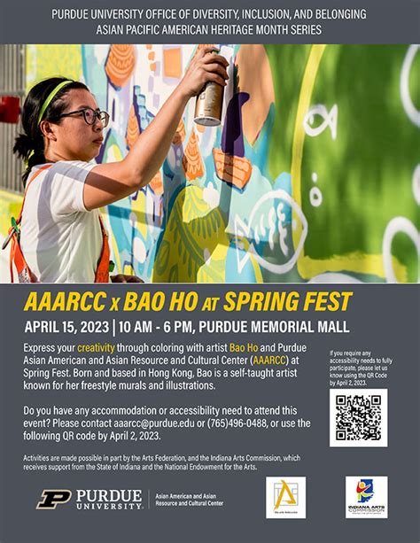 Purdue spring fest 2023. April 11, 2023 - AAARCC & ASUB Leadership Forum featuring David H Li ; April 12, 2023 - Asian Pacific American Heritage Month Keynote Event; April 15, 2023 - AAARCC x BAO Ho at Spring Fest; April 17, 2023 - Virtual Film Screening & Discussion. Blue Alchemy: Stories of Indigo; April 20, 2023 - Indigo Art & Textiles with Rowland & Chinami Ricketts 