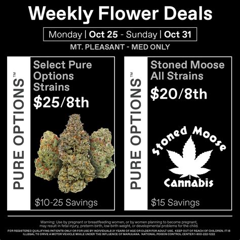 Pure Options Mt. Pleasant. Medical. Contact. (989) 444-5115. 2157 S. Mission St. Mount Pleasant, Michigan. 48858. Availability. Is this your dispensary? Sell legal weed online …. 