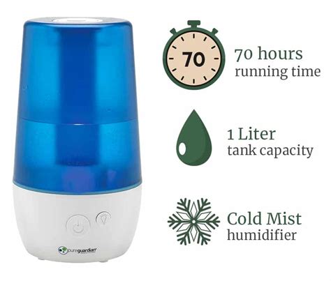 Selects cool or warm mist. Water temperature is maintained at room Set the desired humidity in % by pressing the Adjustable Humidistat button. We recommend a temperature for cool setting and 80 degrees for warm. Allow 15 minutes for water to warm. relative humidity of between 40% and 50%.. 