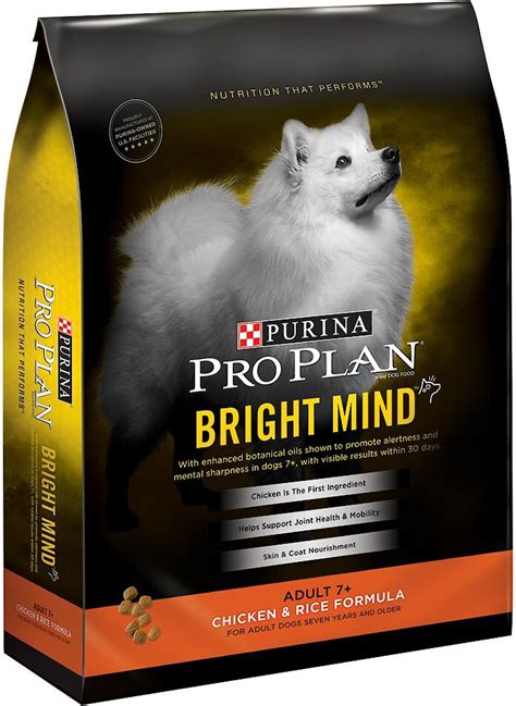 Purina bright mind. They did an analysis of the food and said that "Purina Pro Plan Bright Mind looks like a below-average dry product.... with Above-average protein. Above-average fat. And below-average carbs when compared to a typical dry dog food. They also said, "The fourth ingredient is corn. 