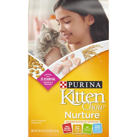 Purina kitten dry food. A variety of textures and protein options kittens enjoy. Crunchy kibble in dry food helps reduce plaque and tartar buildup on teeth. Wet food helps support healthy hydration. Wet food is easy for kittens to chew. 100% complete and balanced nutrition for kittens. 