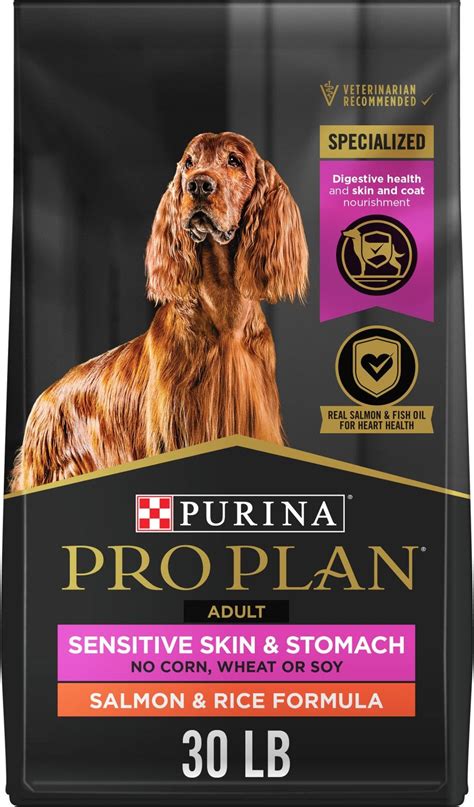 Purina pro plan sensitive skin and stomach salmon. This dog kibble is formulated without corn, wheat, soy or artificial colors or flavors. Help keep him healthy, happy and feeling extraordinary with Purina Pro Plan Sensitive Skin and Stomach Salmon and Rice Formula adult dry dog food. High protein dog food formula, with real salmon as the first ingredient, made without artificial colors or flavors 
