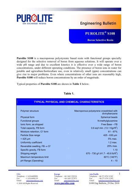 Purolite Resin S 108 Chelation Resins (S108) - Lenntech