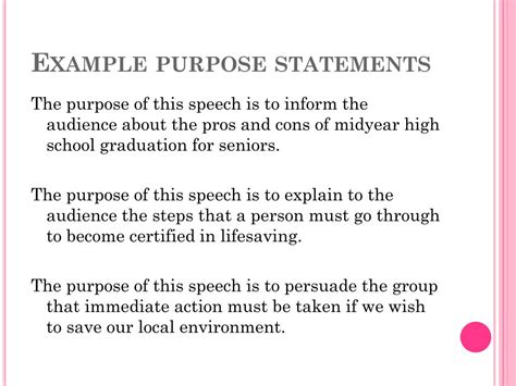 Consider them again as you word your specific-purpose statement. Behavioral statements of purpose help to remind you that the aim of public speaking is to win a .... 
