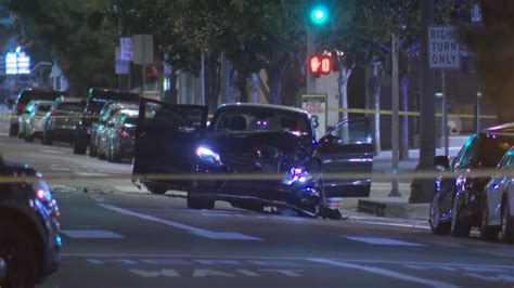 Pursuit suspect escapes after crashing stolen vehicle in downtown Los Angeles