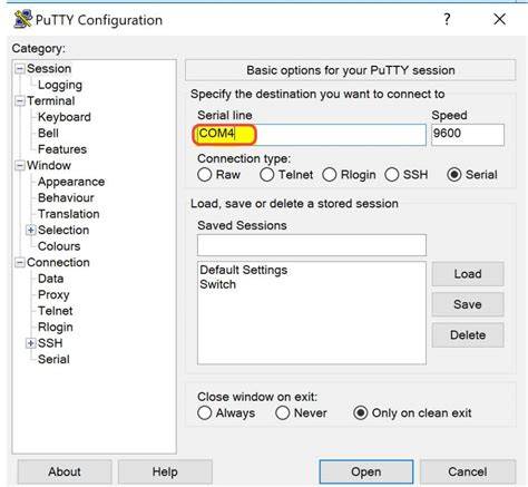Putty send serial command.  This command opens the putty configuration...