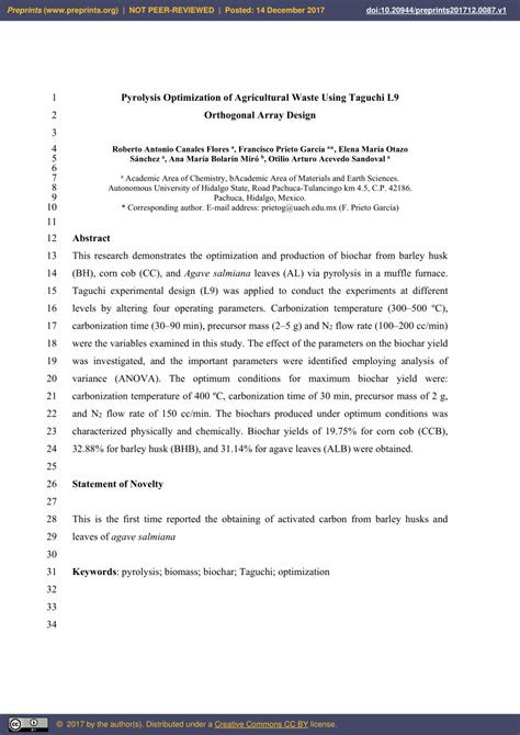 Pyrolysis Optimization Of Agricultural Waste Using uchi L9 Orthogonal Array Design V1 Preprints
