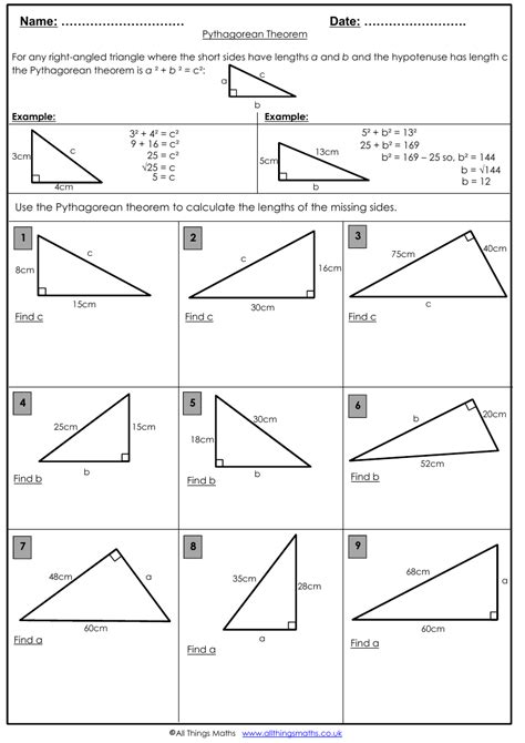 Pythagorean Theorem Worksheet Math Aids