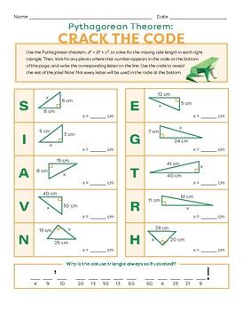 Pythagorean theorem crack the code answer key. Learn. Test your understanding of Pythagorean theorem with these NaN questions. The Pythagorean theorem describes a special relationship between the sides of a right triangle. Even the ancients knew of this relationship. In this topic, we’ll figure out how to use the Pythagorean theorem and prove why it works. 