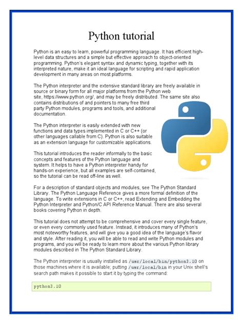 Python beginner tutorial pdf.  It helps to have a Python interpreter handy for hands-on exp...
