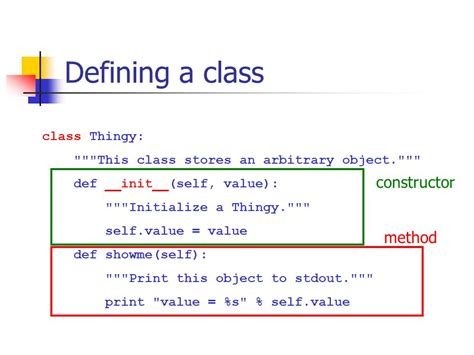 Python class object. As Chris Lutz explains, this is defined by the __repr__ method in your class.. From the documentation of repr():. For many types, this function makes an attempt to return a string that would yield an object with the same value when passed to eval(), otherwise the representation is a string enclosed in angle brackets that contains the name of the type of the object together with additional ... 