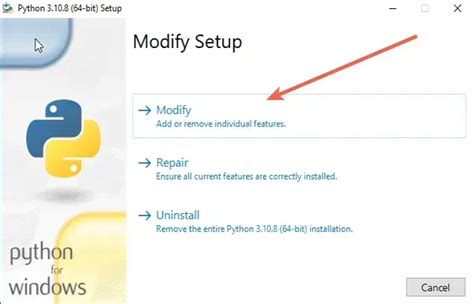 Python installed but not found.  Use the Python installer's "Modify...