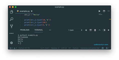 Python padding. e. ljust(width[, fillchar]): Return the string left justified in a string of l...