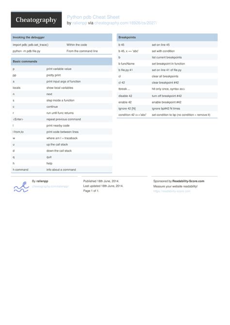 Python pdb Cheat Sheet by ralienpp Download free from Cheatography