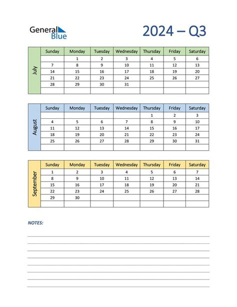 Q3 Quarterly Calendar 2024 - PDF, Word, Excel