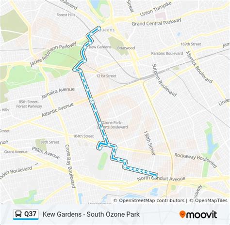MTA Bus Company Q37 bus Route Schedule and Stops (Updated) The Q37 bus (S. Ozone Park 135 Av Via 111 St) has 29 stops departing from Union Tpk/Kew Gardens Rd and ending at 135 Rd/130 Pl. Choose any of the Q37 bus stops below to find updated real-time schedules and to see their route map. View on Map 