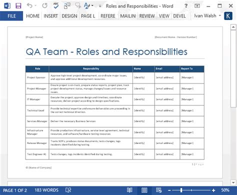 QA Team Roles and Responsibilities Form MS Word Software Testing