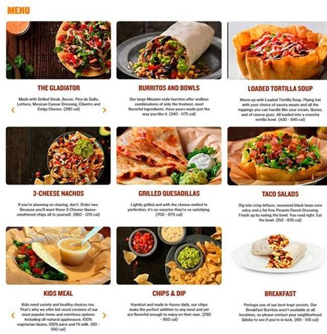 Qdoba menu nutrition. Nutritional content may vary because of variations in portion size or recipes, changes in growing seasons, or differences in the sources of our ingredients. We may update this chart from time to time. 2,000 calories a day is used for general nutrition advice, but calorie needs vary. Additional nutrition information available on reverse side. 