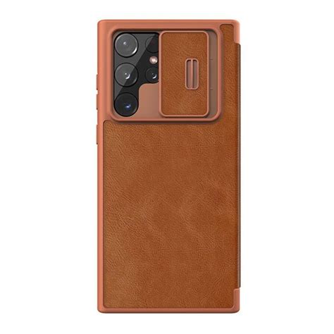 Qin Pro Leather Flip Cover For Samsung Galaxy S22 Ultra Brown